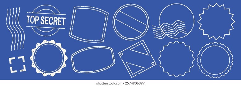 Collection of white stamp outlines on blue. Stamps include circles, squares, and waves. Top secret stamp, various stamp shapes, and wave patterns. Blue blank stamps, vector set.