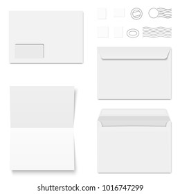 collection of white standard size envelopes and different postage stamps