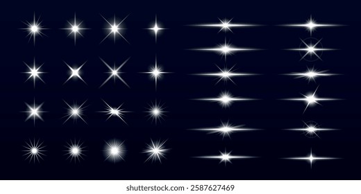 Collection of white starburst light effects on a dark background. Starburst designs vary in size and shape, creating a dynamic light effect collection. Overlay effect vector element set.