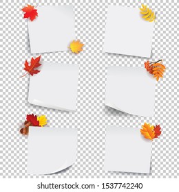 Collection Of White Sticky Notes With Leaves Isolated Transparent Background With Gradient Mesh, Vector Illustration
