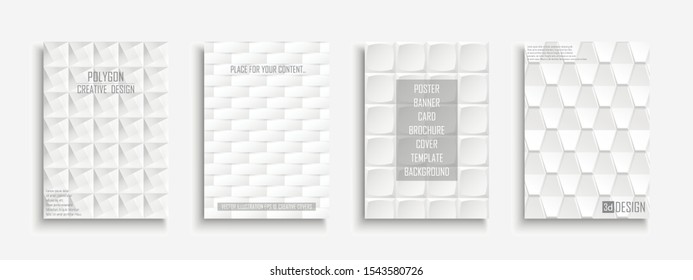 Collection of white textured covers, posters, templates, placards, brochures, banners, flyers, backgrounds. Geometric 3d design with creative shapes.