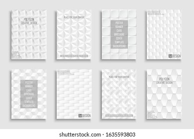 Collection of white textured covers, posters, templates, placards, brochures, banners, flyers, backgrounds. Geometric 3d design with creative shapes.