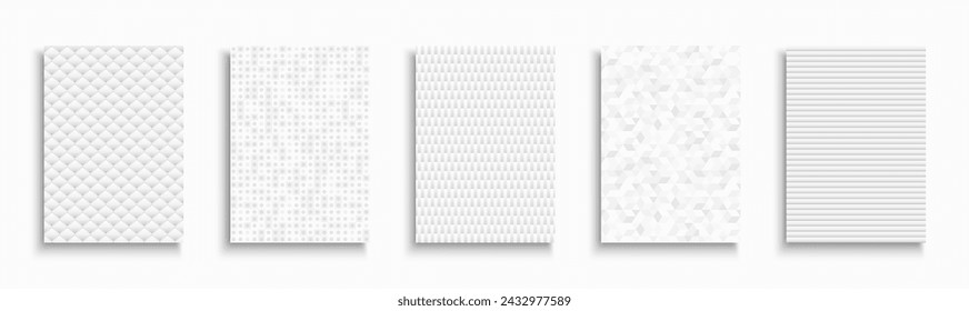 Colección de cubiertas geométricas con textura blanca, plantillas, carteles, folletos, banners, fondos y etc. Afiches de negocios modernos creativos, tarjetas, catálogos. Impresiones mínimas gráficas monocromas de moda