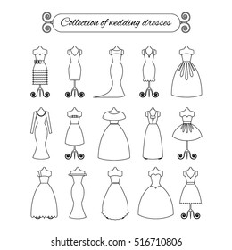 Collection of white thin line wedding dresses - stock vector illustration. Bride dress silhouette.