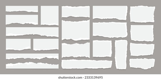 Collection of white torn or ripped paper sheets on grey background. Office notebook strip, scrap page or newspaper clip art with edge for ornament decoration. Social media grunge banner or split label