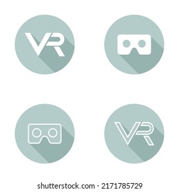Collection of white vector icon with VR logos in the circles. Flat design with long shadow. Virtual reality logos
