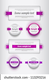 A collection of white vector plastic badges / banners with purple ribbons
