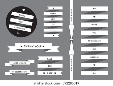 Collection of white vector ribbons, banners with text and bow. Vintage, flat, set isolated on grey background, design template for your wedding, party invitation, anniversary, birthday