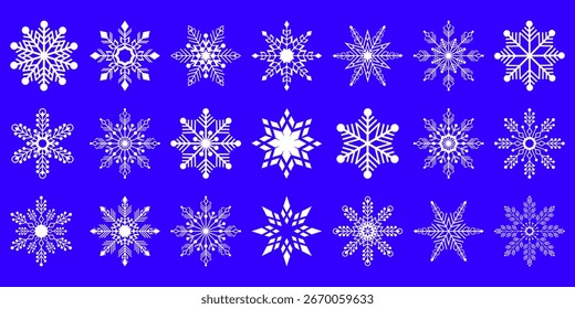 Colección de copos de nieve de Vector blanco en azul: Iconos de invierno, Navidades Festiva Elementos gráficos, Frost and Snow Symbols