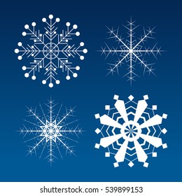 Collection of white vector snowflakes on the gradient blue background.