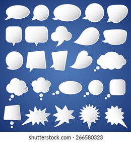 Collection of white vector speech bubbles. Talking, speaking, chatting, screaming, laughing, exclaiming, thinking, dreaming, meditating bubbles.