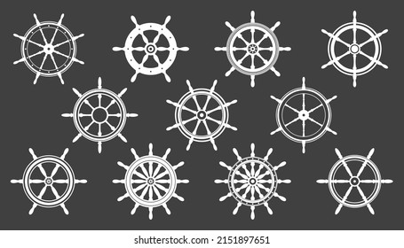 Collection of white vintage steering wheels. Ship, yacht retro wheel symbol. Nautical rudder icon. Marine design element. Vector illustration