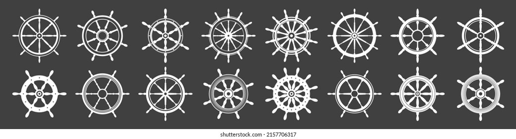 Collection of white vintage steering wheels. Ship, yacht retro wheel symbol. Nautical rudder icon. Marine design element. Vector illustration