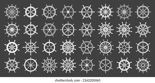 Collection of white vintage steering wheels. Ship, yacht retro wheel symbol. Nautical rudder icon. Marine design element. Vector illustration