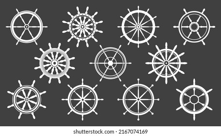 Collection of white vintage steering wheels. Ship, yacht retro wheel symbol. Nautical rudder icon. Marine design element. Vector illustration