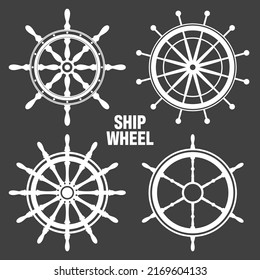 Collection of white vintage steering wheels. Ship, yacht retro wheel symbol. Nautical rudder icon. Marine design element. Vector illustration