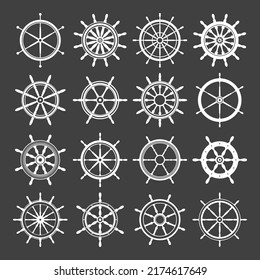 Collection of white vintage steering wheels. Ship, yacht retro wheel symbol. Nautical rudder icon. Marine design element. Vector illustration