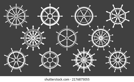 Collection of white vintage steering wheels. Ship, yacht retro wheel symbol. Nautical rudder icon. Marine design element. Vector illustration