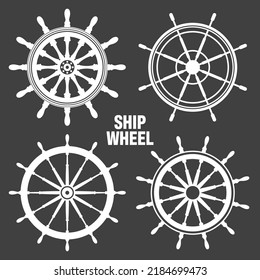 Collection of white vintage steering wheels. Ship, yacht retro wheel symbol. Nautical rudder icon. Marine design element. Vector illustration