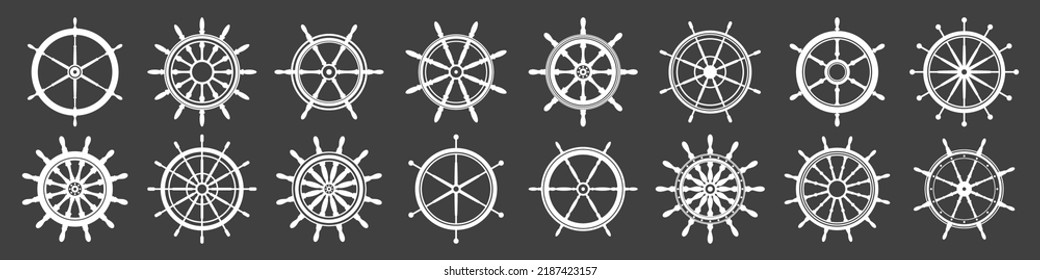 Collection of white vintage steering wheels. Ship, yacht retro wheel symbol. Nautical rudder icon. Marine design element. Vector illustration