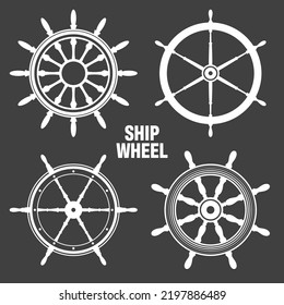 Collection of white vintage steering wheels. Ship, yacht retro wheel symbol. Nautical rudder icon. Marine design element. Vector illustration