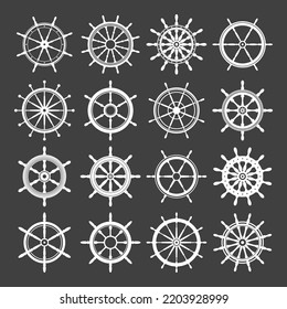 Collection of white vintage steering wheels. Ship, yacht retro wheel symbol. Nautical rudder icon. Marine design element. Vector illustration