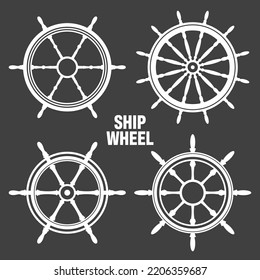 Collection of white vintage steering wheels. Ship, yacht retro wheel symbol. Nautical rudder icon. Marine design element. Vector illustration