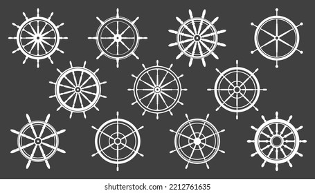 Collection of white vintage steering wheels. Ship, yacht retro wheel symbol. Nautical rudder icon. Marine design element. Vector illustration