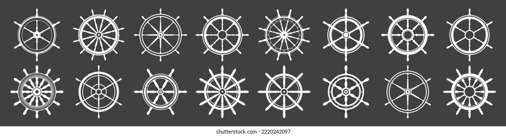 Collection of white vintage steering wheels. Ship, yacht retro wheel symbol. Nautical rudder icon. Marine design element. Vector illustration