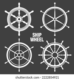 Collection of white vintage steering wheels. Ship, yacht retro wheel symbol. Nautical rudder icon. Marine design element. Vector illustration