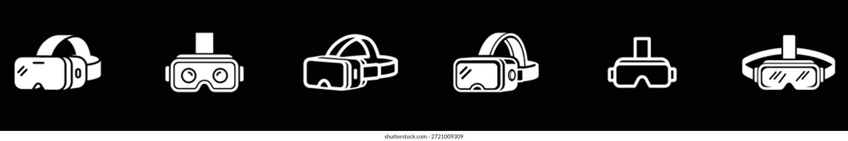 Una colección de iconos blancos de los auriculares de la realidad virtual en un fondo negro