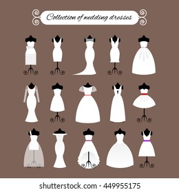 Collection of white wedding dresses in different styles - stock vector illustration.