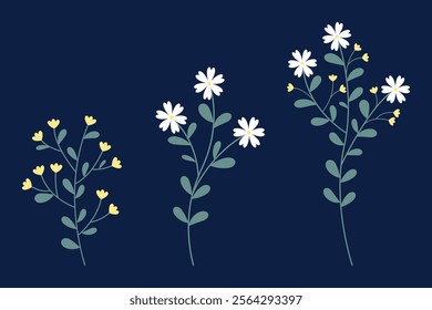 Collection Of White And Yellow Flowers With Green Leaves