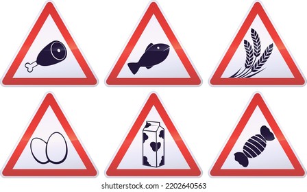 Collection of white,red and black triangular food hazard sign with the symbols of meat, fish, gluten, cereals, eggs, milk and sugar (metal reflection)