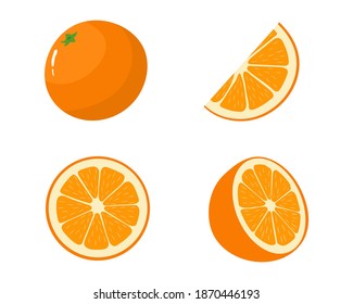 Collection of whole, cut half, slice tagerine or orange. Citrus illustration. Vector isolated on white