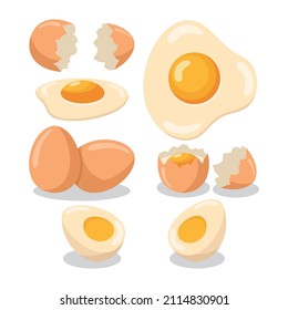 Collection of whole eggs, broken eggs, fried eggs, yolks, eggshells and boiled eggs isolated on white background 
