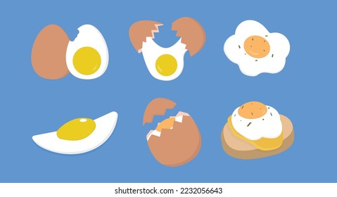 Collection of whole eggs, broken eggs, fried eggs, yolks, eggshells and boiled eggs isolated on blue background Cartoon Style