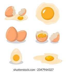 Collection of whole eggs, broken eggs, fried eggs, yolks, eggshells and boiled eggs isolated on white background 