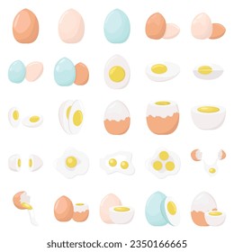 Collection of whole eggs, broken eggs, fried eggs, yolks, eggshells and boiled eggs isolated on white background