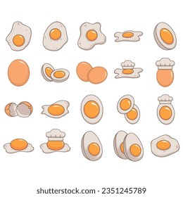 Collection of whole eggs, broken eggs, fried eggs, yolks, eggshells and boiled eggs isolated on white background