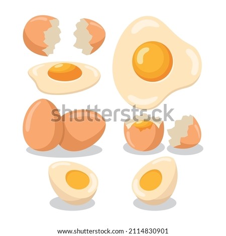 Collection of whole eggs, broken eggs, fried eggs, yolks, eggshells and boiled eggs isolated on white background 
