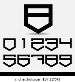 Collection of the Wide black flat numbers with isometric down arrow and up arrow vector; Numbers with arrow for tag or label; Numeral location symbol; Numeral logo
