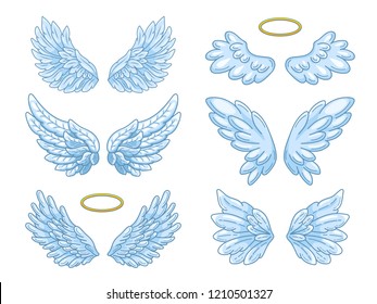 Collection of wide spread blue angel wings with golden halo. Contour drawing in modern line style with volume. Vector illustration isolated on white. 