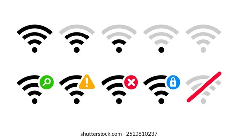 Uma coleção de ícones de Wi-Fi que representam várias intensidades de sinal e status de conexão. Indicadores de sinal Wi-Fi completo e fraco, símbolos para pesquisa, avisos, erros, segurança e sem conexão.