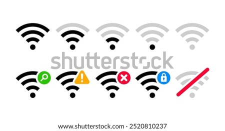 A collection of Wi-Fi icons representing various signal strengths and connection statuses. Full and weak Wifi signal indicators, symbols for searching, warnings, errors, security, and no connection.