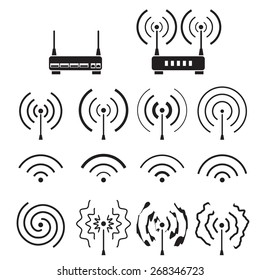 Collection of wifi and wireless signal wave and some vector router, isolated on white background
