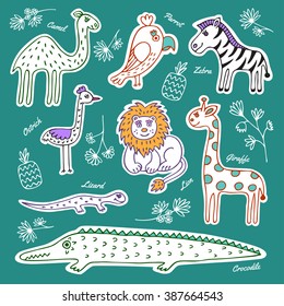 Collection of wild animals and birds hand-drawn and cut from white paper.