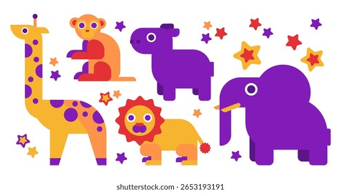 Uma coleção de animais selvagens, ilustrada em um estilo geométrico favorável à criança. Inclui elefante, macaco, leão, girafa, hipopotamo. Ideal para temas infantis: livros, cartazes, roupas, decoração