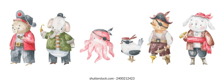 Collection with wild animals. Animals pirates on isolated background. Underwater life. Cute childish pirate illustration