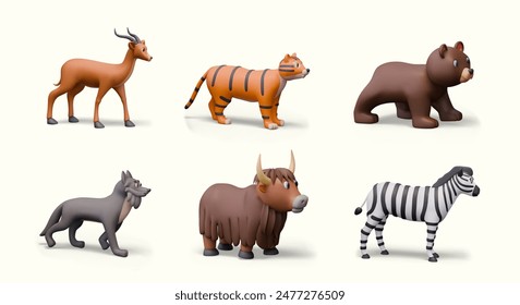 Collection of wild animals in realistic style. Gazelle, tiger, brown bear, wolf, yak, zebra